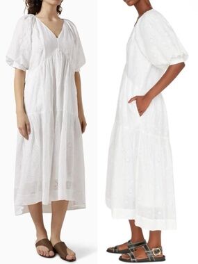 FRAME Broderie Anglaise Ramie Maxi Dress White Eyelet Puff Sleeve XS